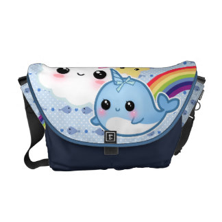 Cute baby narwhal with rainbow and kawaii clouds courier bag