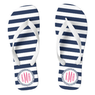 Navy & White Nautical Stripe w/ Pink Monogram Flip Flops
