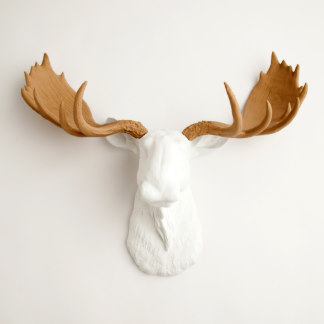 White Faux Moose Head with Tan Antlers