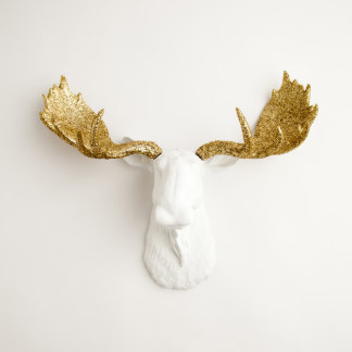 White Faux Moose Head with Gold Glitter Antlers