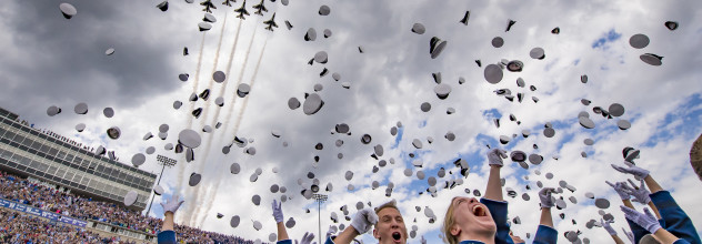 The U.S. Air Force Air Demonstration Squadron "Thunderbirds" perform a fly-over at the Air Force Academy graduation in Colorado Springs, Colorado, May 30, 2019. Shortly after the event, the Thunderbirds performed an aerial demonstration for the crowd and the newly promoted second lieutenants. Since 1953, the Thunderbirds team has served as America’s premier air demonstration squadron, entrusted with the vital mission to recruit, retain and inspire past, present and future Airmen. (U.S. Air Force Photo/SSgt Cory W. Bush)
