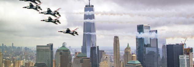 The Thunderbirds Delta formation performs a Pass in Review while flying past the Freedom Tower in New York City, New York, Sept. 17, 2018. The Thunderbirds were returning home to Nellis Air Force Base from New Windsor, New York, where they performed two air shows the weekend before the flyover of the city. (U.S. Air Force Photo by Staff Sgt. Ned T. Johnston)