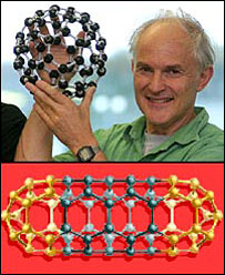 Nobel laureate Sir Harry Kroto holds buckyball model. Images: PA/BBC