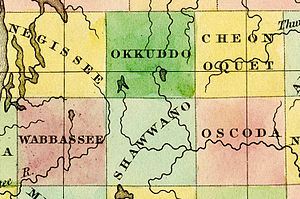 1842 map, showing Montmorency County as Cheonoquet, the county's name from 1840 to 1843.[1]