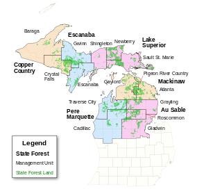 Michigan State Forests Map US MI.svg