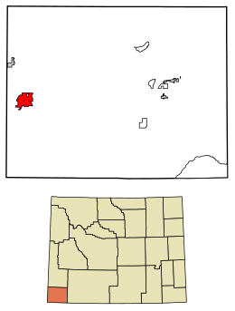 Location of Evanston in Uinta County, Wyoming.