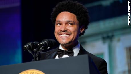 Trevor Noah, host of Comedy Central&#39;s &quot;The Daily Show,&quot; speaks at the annual White House Correspondents&#39; Association dinner, Saturday, April 30, 2022, in Washington. (AP Photo/Patrick Semansky)