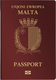 Cover of a Maltese biometric passport. Cover is burgundy colour with a gold-coloured coat of arms. Text reads "UNJONI EWROPEA" and "MALTA" above the crest, with "PASSAPORT" below