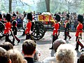 The funeral cortège of Queen Elizabeth The Queen Mother proceeds from the Palace of Westminster to Westminster Abbey, 2002.