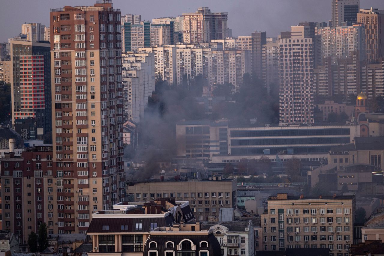 Smoke rises from a drone attack in Kyiv.
