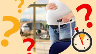 Generic image showing a pregnant woman with a roller-case at an airport