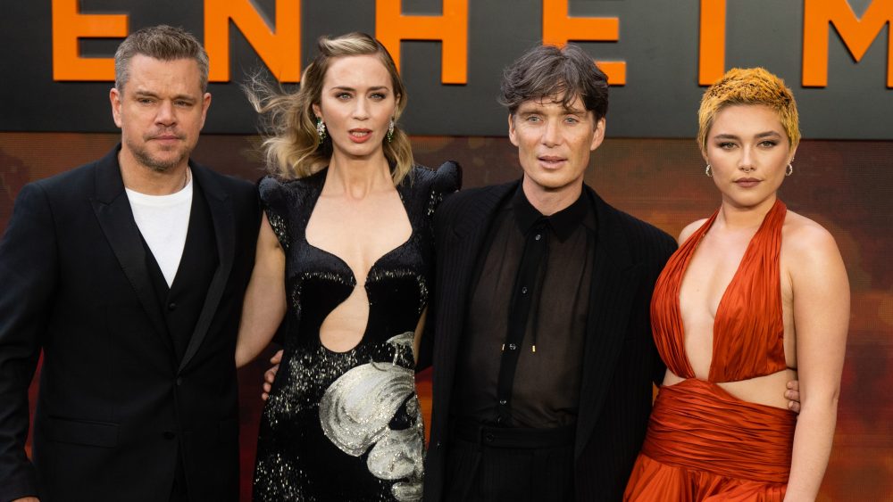 LONDON, ENGLAND - JULY 13: Matt Damon, Emily Blunt, Cillian Murphy and Florence Pugh attend the "Oppenheimer" UK Premiere at Odeon Luxe Leicester Square on July 13, 2023 in London, England. (Photo by Samir Hussein/WireImage)