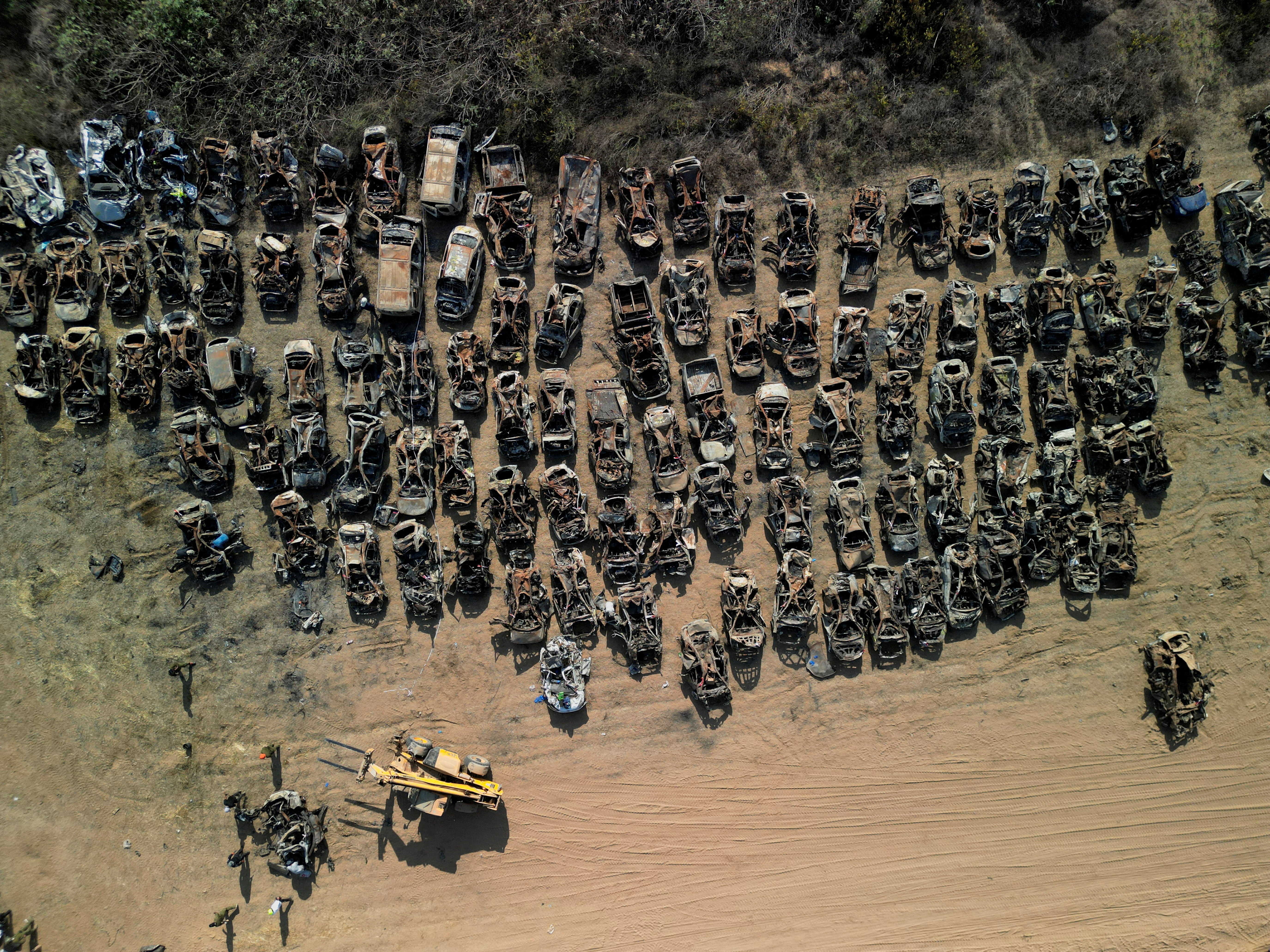 Drone view of a junk yard for Israeli vehicles destroyed in a Hamas attack