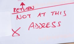 Close up of an envelope, on which is written in red pen 'Return - not at this address