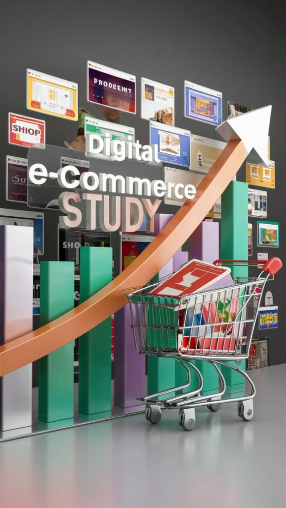 Aufschwung im E-Commerce dargestellt durch steigende Umsatzkurve und Einkaufswagen in einer digitalen Studienvisualisierung