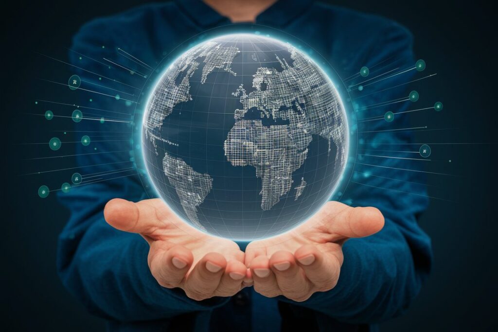 Eine Hand hält eine transparente Globuskugel mit digitaler Netzstruktur, symbolisiert globale SEO-Strategien durch SEO Agentur Tirol.