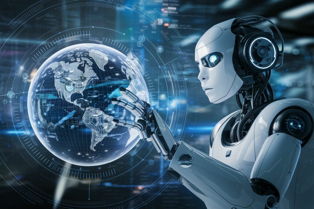 Futuristischer Roboter führt eine SEO Analyse auf einer interaktiven globalen Datensphäre durch.