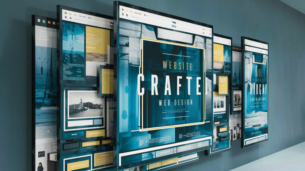 Webagentur präsentiert professionelles Webdesign in einem Mockup mit mehreren Bildschirmansichten auf blauem Hintergrund