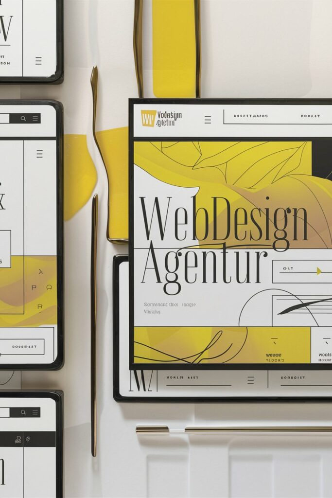 Webdesign Agentur präsentiert auffällige Mockup-Displays mit dynamischen gelben Akzenten auf Tablets und Bildschirmen