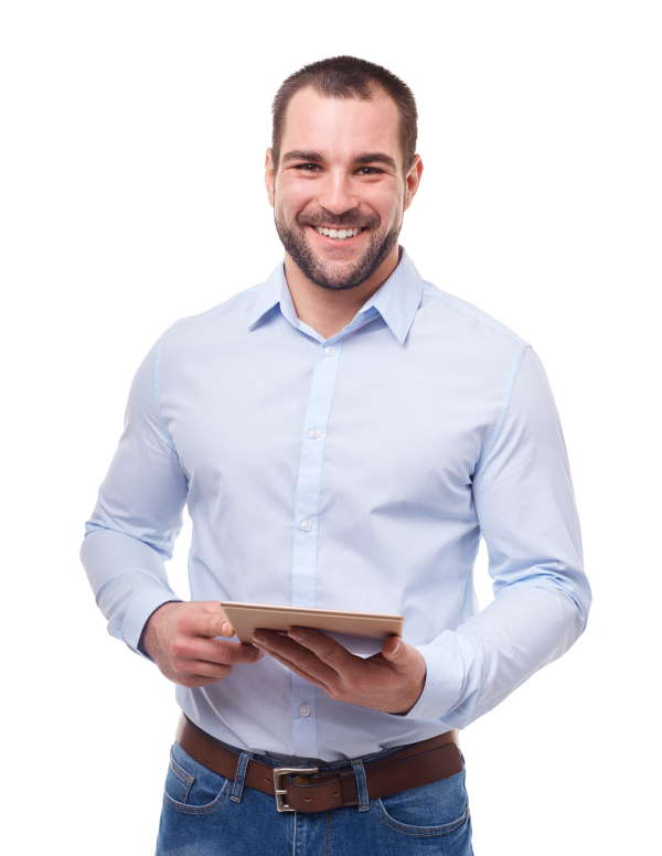 Lächelnder Ansprechpartner der Webagentur Ipsom hält Tablet in den Händen vor weißem Hintergrund