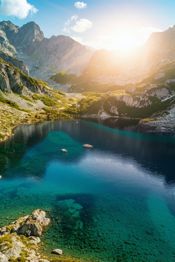Kristallklares Bergsee in der Alpenlandschaft mit Booten bei Sonnenaufgang