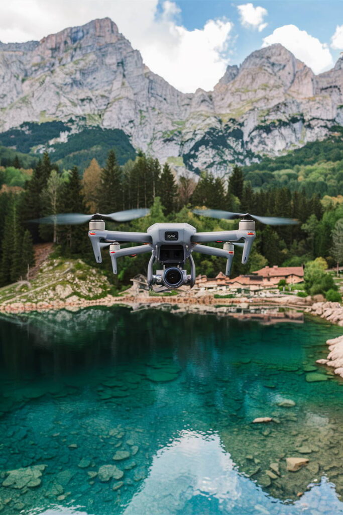 Drohne über kristallklarem Bergsee mit Alpenpanorama in Tirol