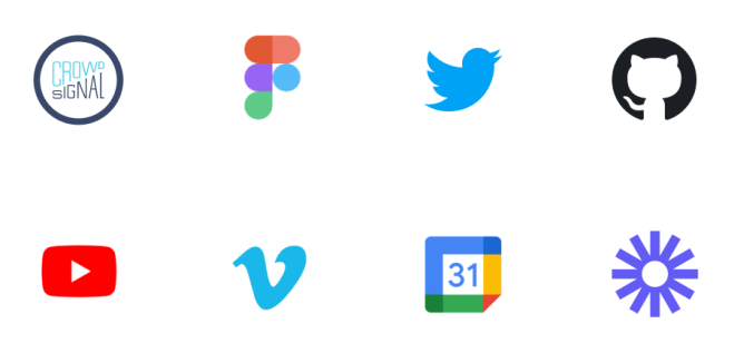 Crowdsignal、Figma、Twitter、GitHub、YouTube、Vimeo、Google Calendar 和 Loom 的徽标