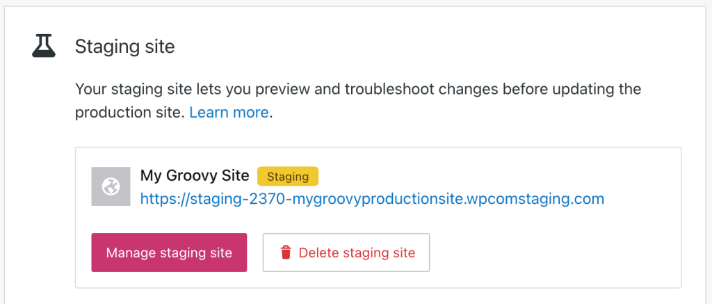 The Staging Site section on WordPress.com for the My Groovy Site staging site with a pink Manage staging site button and a white Delete staging site button