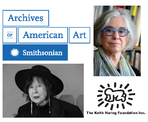 Collage of four images. Top left is AAA logo, top right is a color photograph of Ruth Fine, bottom left is a black and white photograph of Jaune Quick-to-See Smith, and bottom right is the Keith Haring Foundation logo.