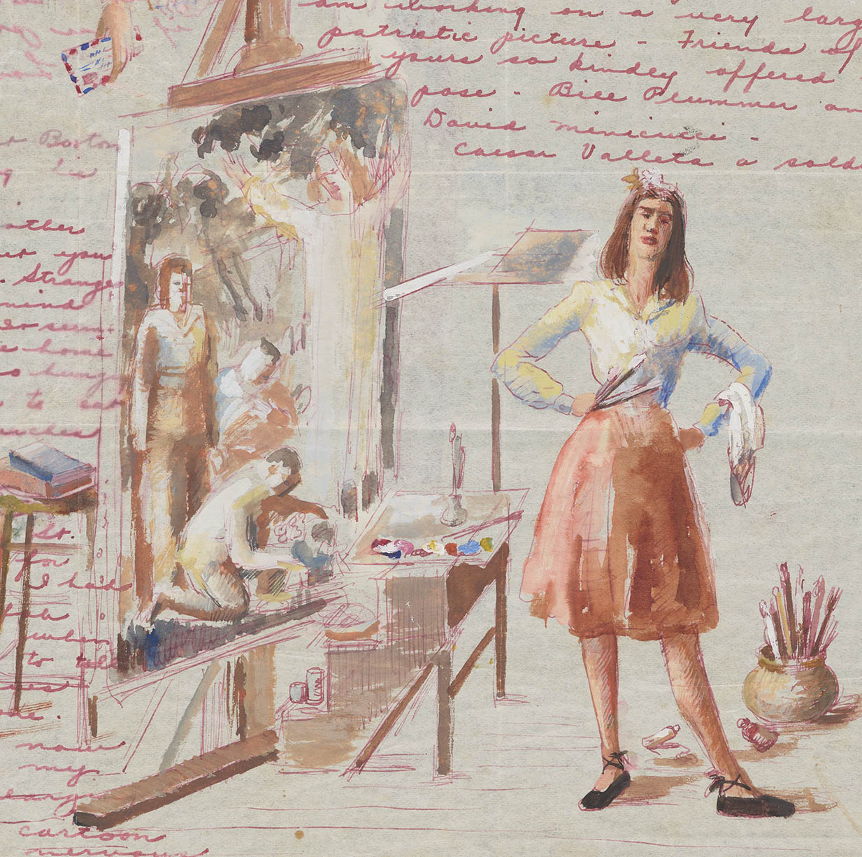 Detail of illustrated letter handwritten in red ink on onion skin paper, featuring self-portraits of the author in various poses including reading a letter, in her studio next to a large painting.