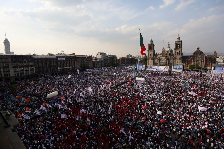 Supporters attend the campaign kick-off rally of the presidential candidate of the ruling MORENA party, Claudia Sheinbaum, at the Zocalo square in Mexico City, Mexico, March 1