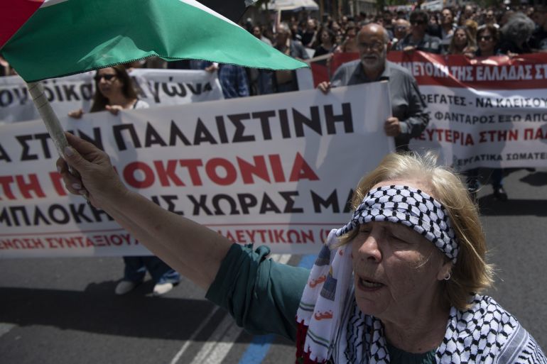 A woman shouts slogans during a protest against Israel's military action in Gaza at Syntagma Square, central Athens, Greece, on May 11, 2024