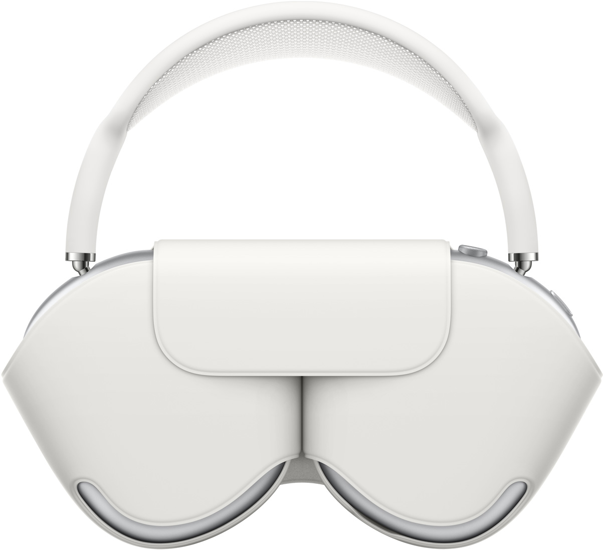 銀色 AirPods Max 搭配相襯的白色聰穎耳機套來保護耳罩，耳機放入時，頂部網面會在上方露出。