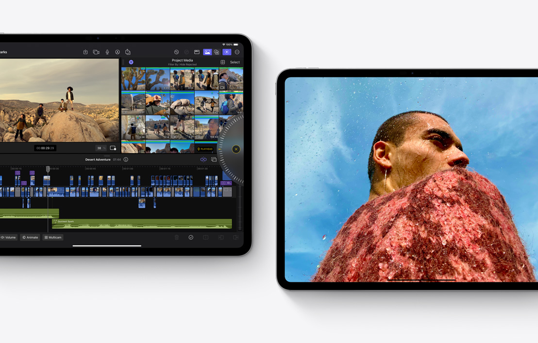 Δύο iPad Pro που δείχνουν τα apps Final Cut Pro 2.0 και Φωτογραφίες.