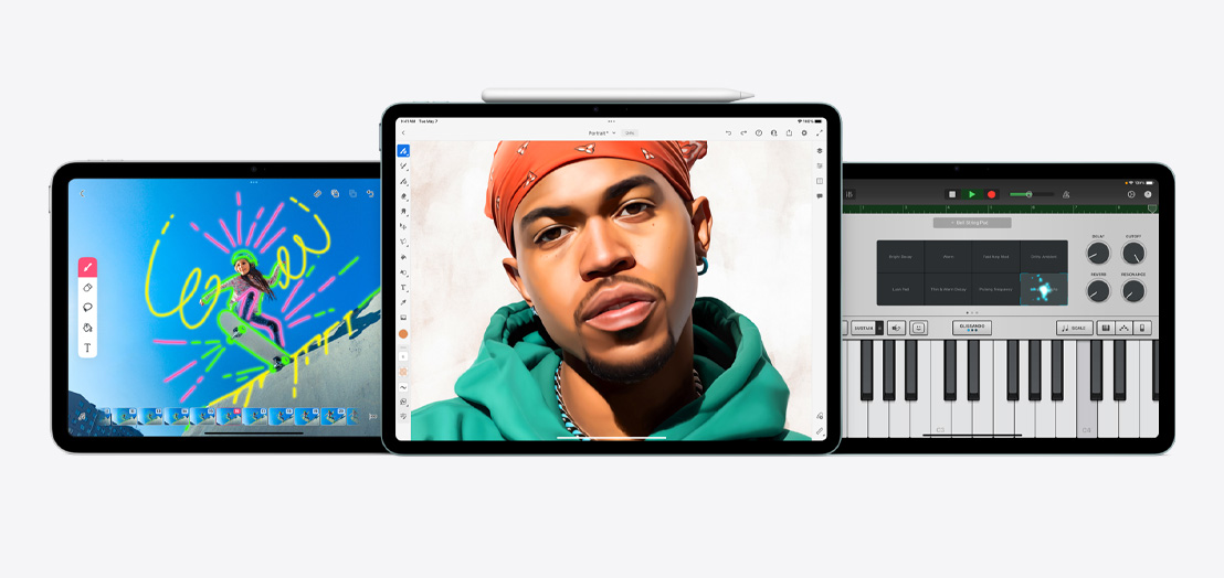 Δύο iPad και ένα iPad Air που δείχνουν τα apps FlipaClip, Adobe Fresco και GarageBand.