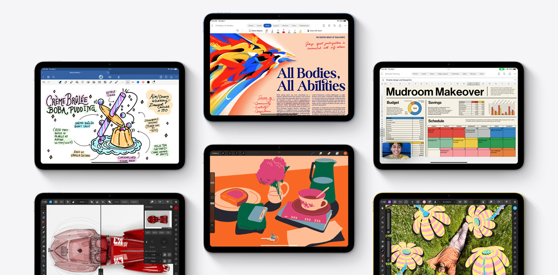 Μια συλλογή από έξι διαφορετικά iPad που δείχνουν διαφορετικά apps, συμπεριλαμβανομένων των Goodnotes 6, Affinity Designer 2, Microsoft Word, Procreate, Microsoft Excel και Affinity Photo 2.