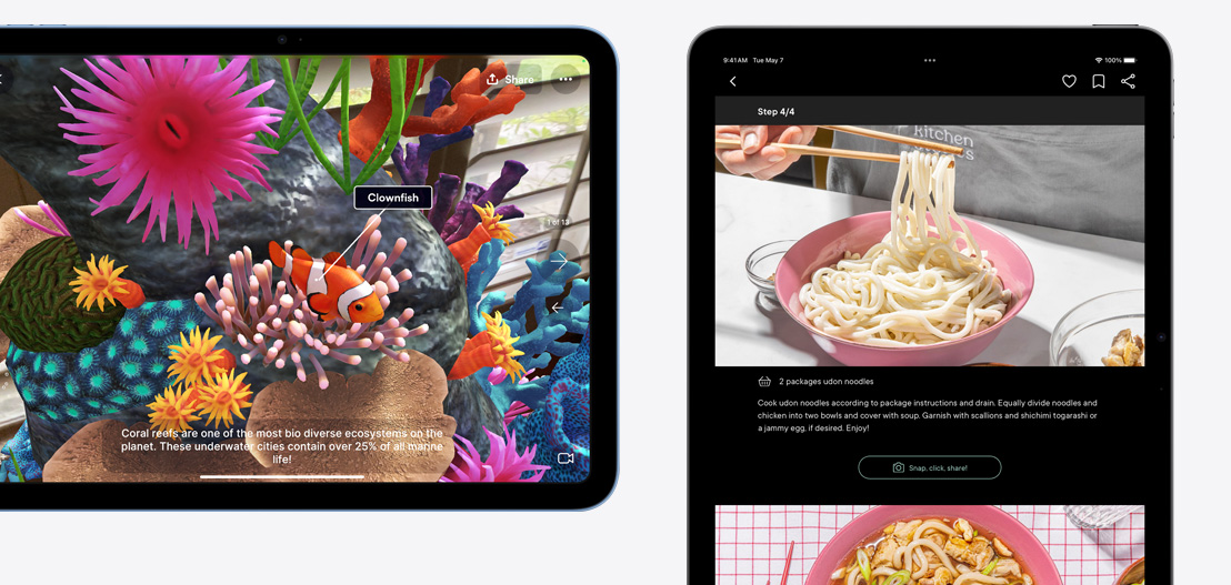 Ένα iPad και ένα iPad Air που δείχνουν τα apps Jigspace και Kitchen Stories.