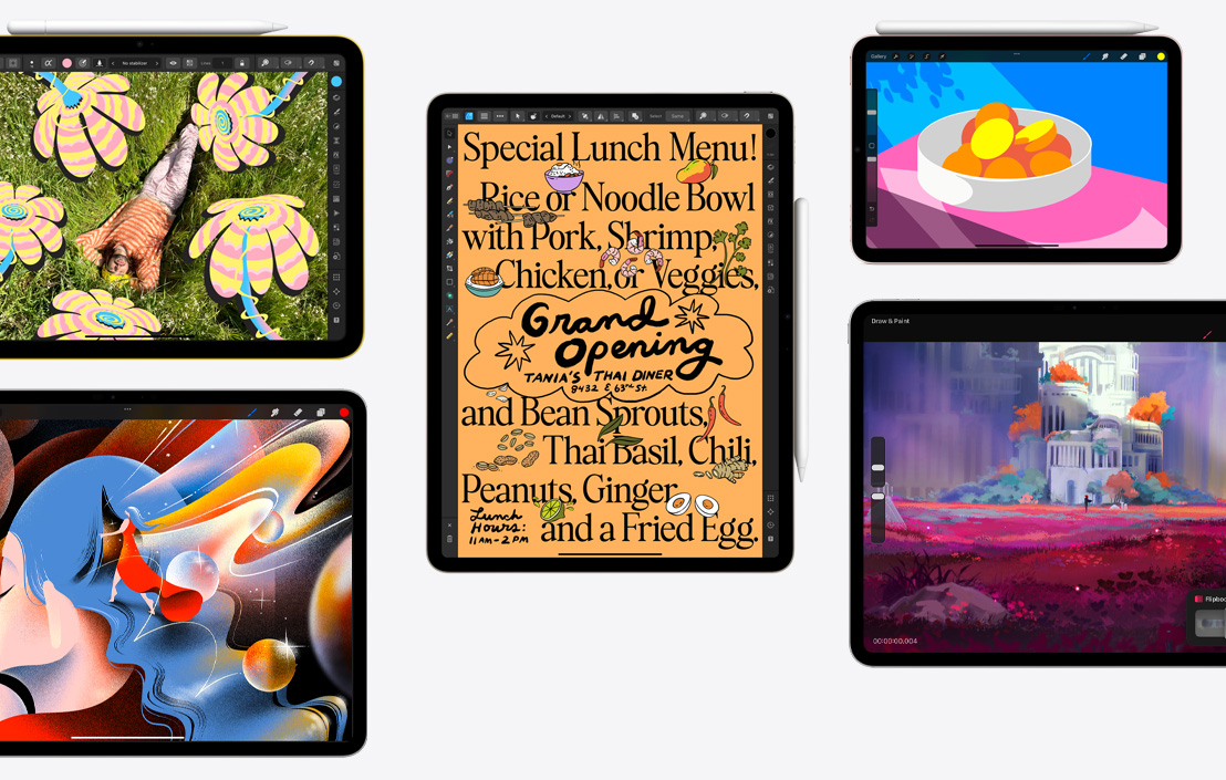 Μια συλλογή από πέντε διαφορετικά iPad που δείχνουν διαφορετικά apps, συμπεριλαμβανομένων των Affinity Photo 2, Procreate, Affinity Designer 2 και Procreate Dreams.