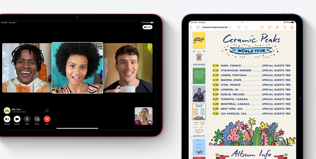 Δύο iPads, από τα οποία το ένα δείχνει μια βιντεοκλήση FaceTime και το άλλο το app Pages.