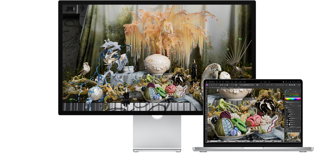 14-palcový MacBook Pro vedľa displeja Studio Display s projektom v Affinity Photo na obrazovke.