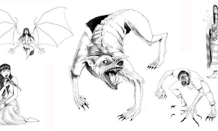 Five different images showing the various types of folkloric beast called the aswang in the Philippines - werebeast, witch, blood-sucker, viscera-sucker, ghoul.
