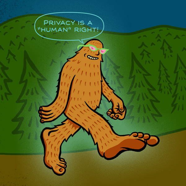 Bigfoot with sunglasses in a forest saying "Privacy is a human right."