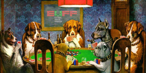 7 dogs playing poker around a poker table in a dimly lit room