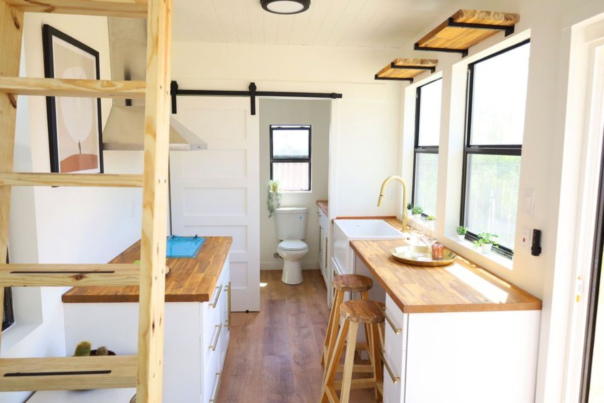 double galley kitchen area of shipping container tiny home
