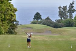 Pro golfer Bo-Mee Lee tees off during the Fujisankei Ladies Classic tournament in Japan