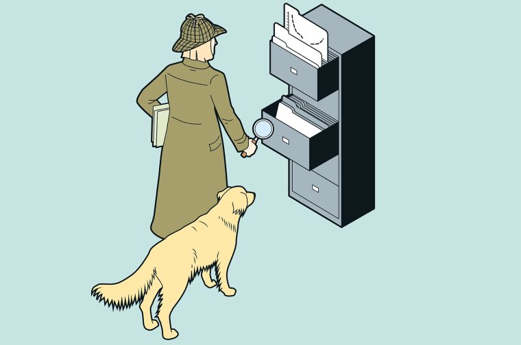 A detective investigating a file cabinet, accompanied by a golden retriever.