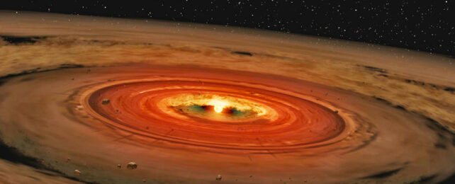 thick rings of gas swirling around a hot center with a blazing sun