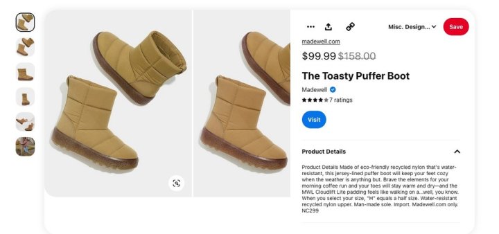 Product Pin example with images of puffy boots