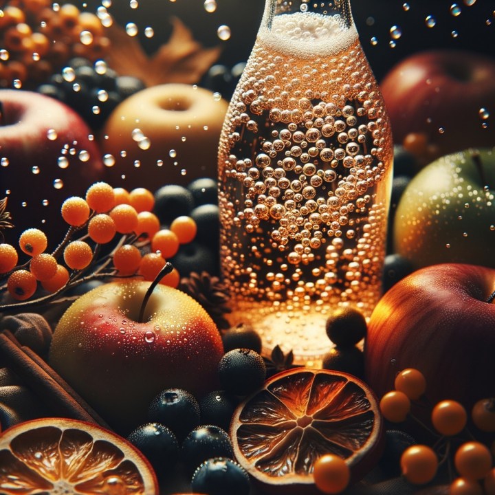 AI image generated closeup of a carafe of sparkling wine surrounded by an array of fruit