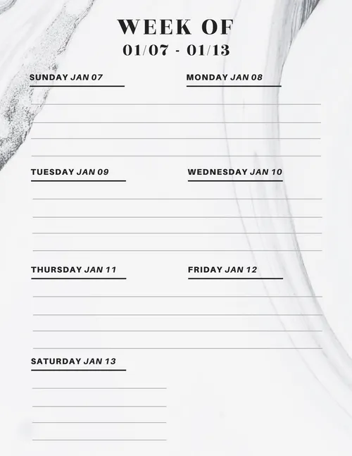 Week of 01/07 01/13 (white) calendars template